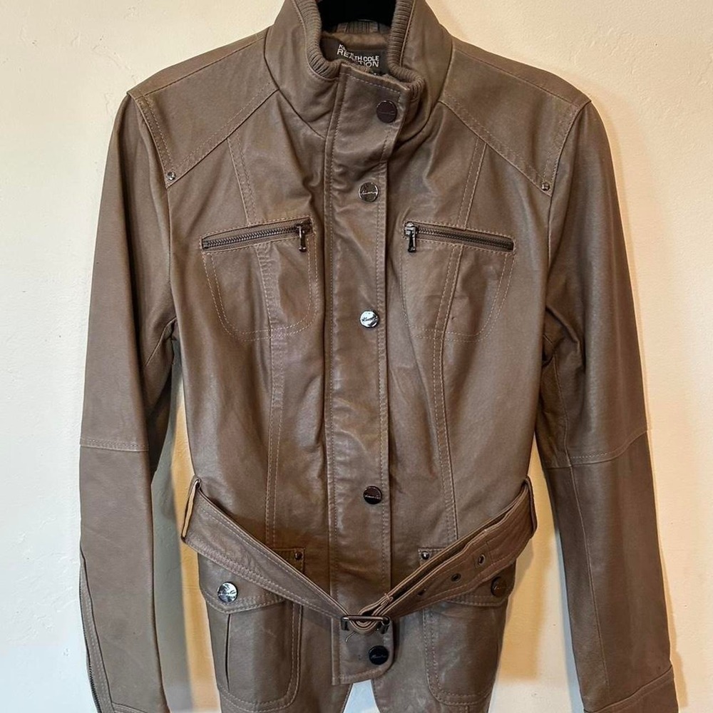 Kenneth‎ Cole reaction olive gray genuine leather jacket with belt motorcycle